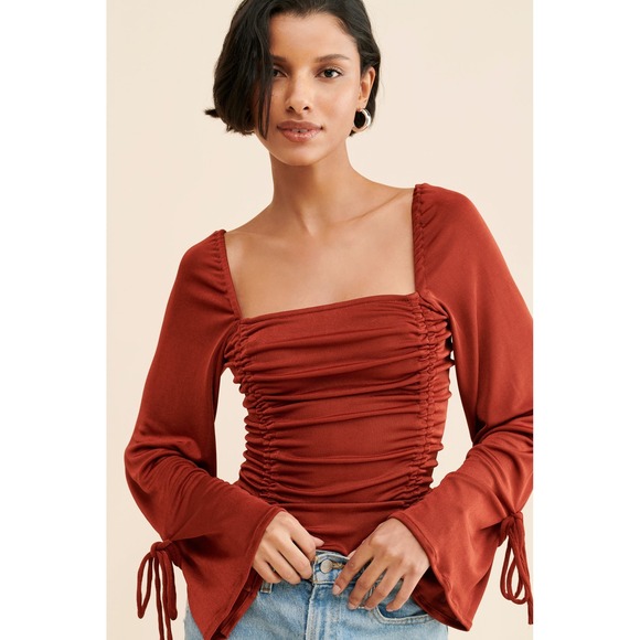 Intimately Free People Bodysuit Top Cherry Chai Long Sleeve Ruched NWT - Picture 1 of 12